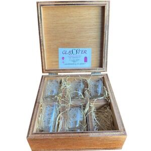 Krosno Poland Big 5 African Wildlife Etched Shot Glass Set 5pc Slatted Wood Box